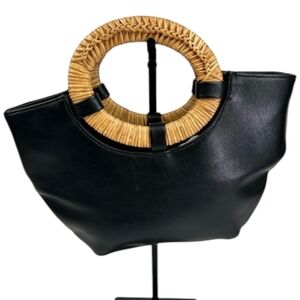 Anthropologie Black Tote Bag with Woven Rattan Handle
